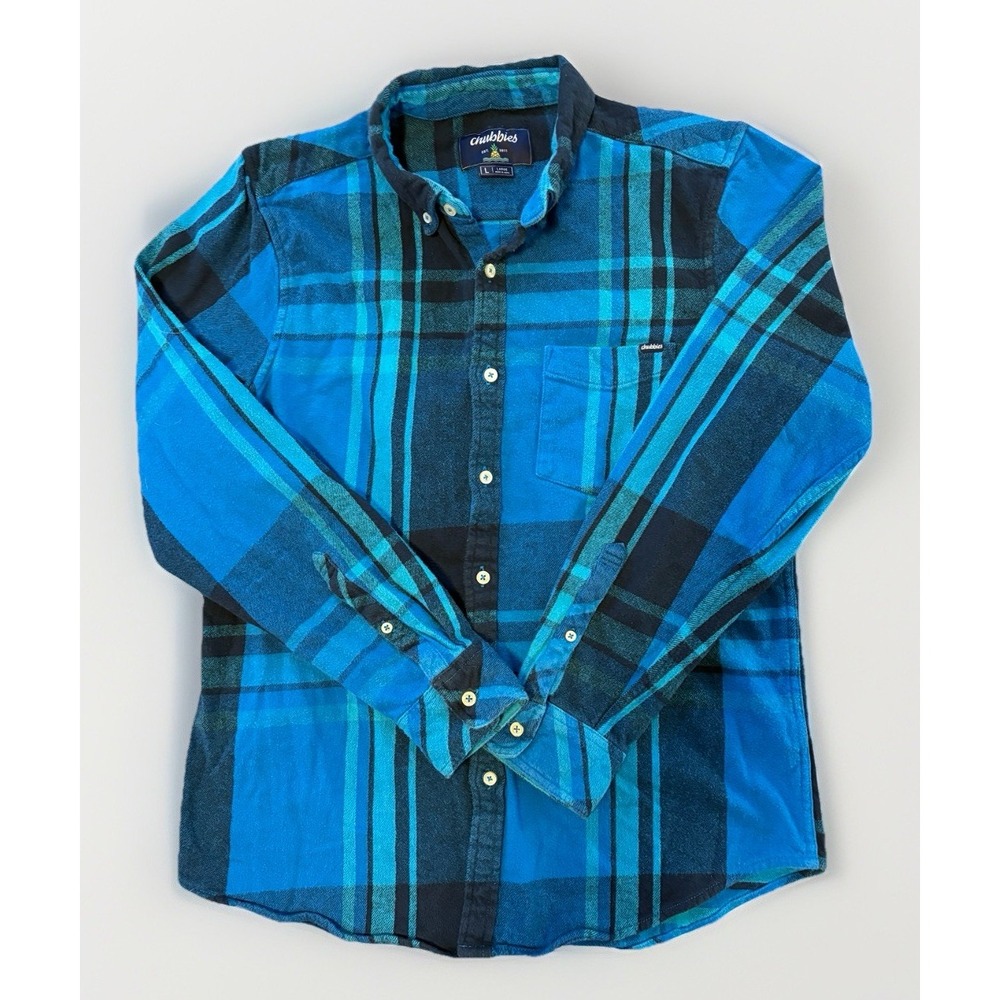 Chubbies‎ Flannel Shirt Mens LG Blue Cotton Button Down Plaid Long Sleeve